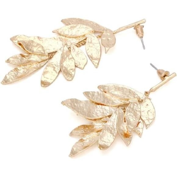 Gold Leaf Fringe Earrings | Boho Tassel Dangle Jewelry - Picture 4 of 5